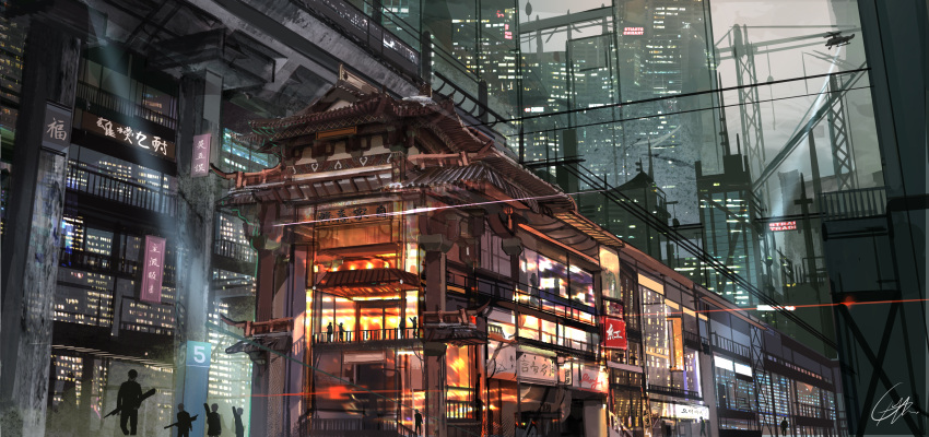 4girls, 6+boys, absurdres, aircraft, building, cityscape, commentary_request, crane, cyberpunk, diffraction_spikes, helicopter, highres, huge_filesize, instrument_case, multiple_boys, multiple_girls, night, onew, original, outdoors, power_lines, railing, searchlight, sign, signature, skyscraper, urban
