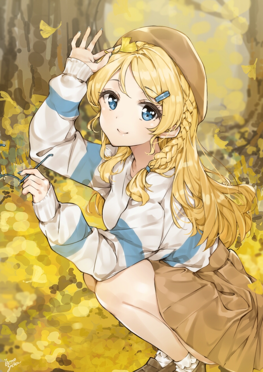 1girl, alternate_hairstyle, autumn, autumn_leaves, ayase_eli, beret, blonde_hair, blue-framed_eyewear