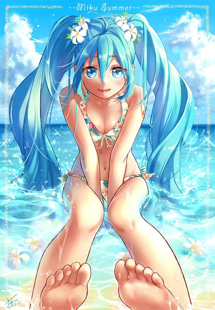 1girl, bare_arms, bare_legs, bare_shoulders, barefoot, beach, between_legs, bikini