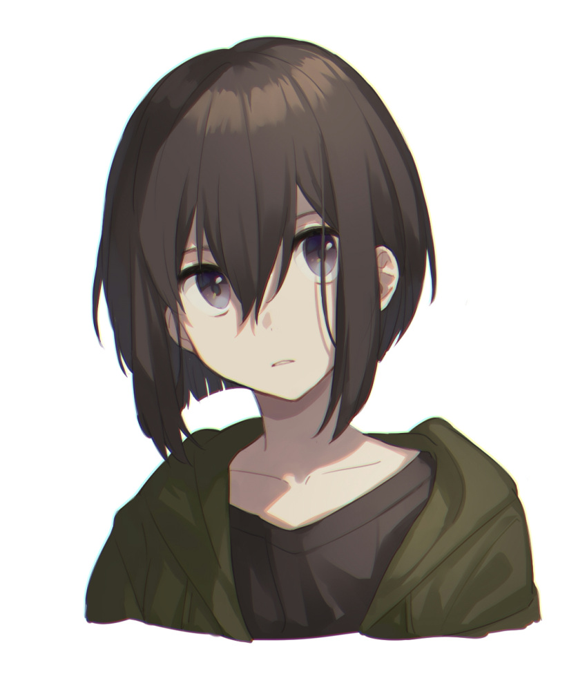 1other, androgynous, black_eyes, black_hair, black_shirt, collarbone, cropped_torso, green_jacket