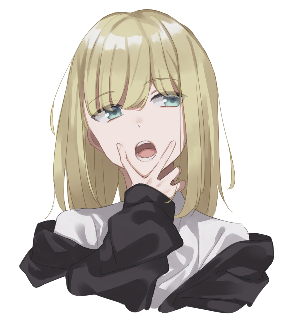 1other, androgynous, bangs, black_jacket, eyes_visible_through_hair, green_eyes, hand_to_own_mouth, jacket
