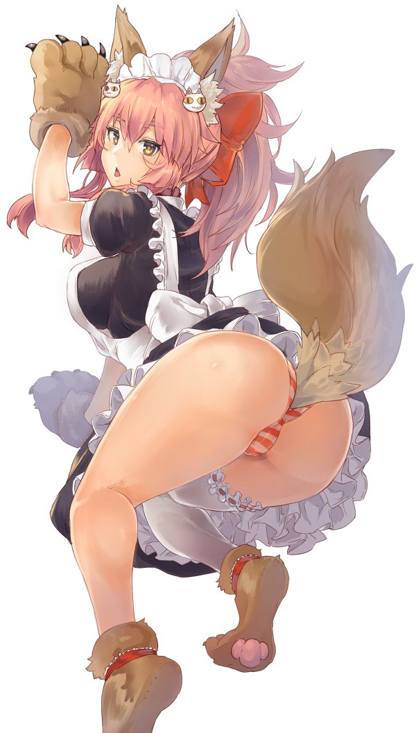 1girl, animal_ear_fluff, animal_ears, apron, ass, bangs, bow, breasts