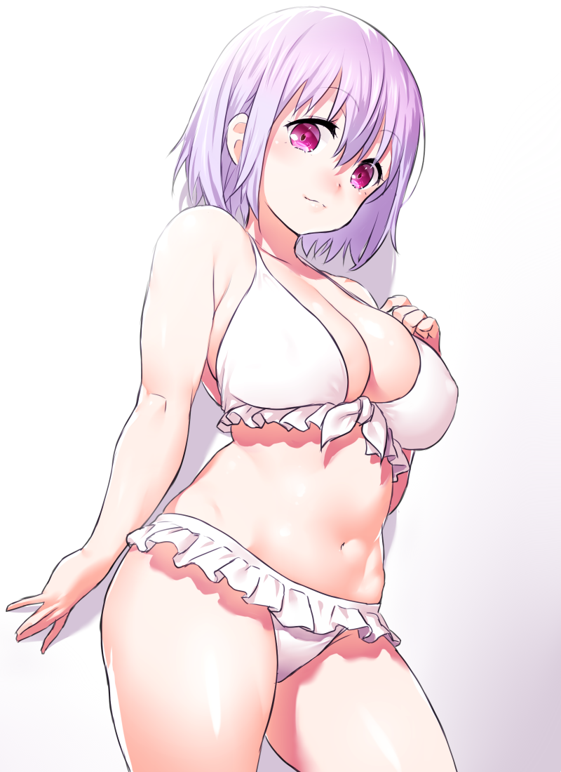 1girl, bangs, bare_shoulders, bikini, breasts, cleavage, closed_mouth, commentary_request