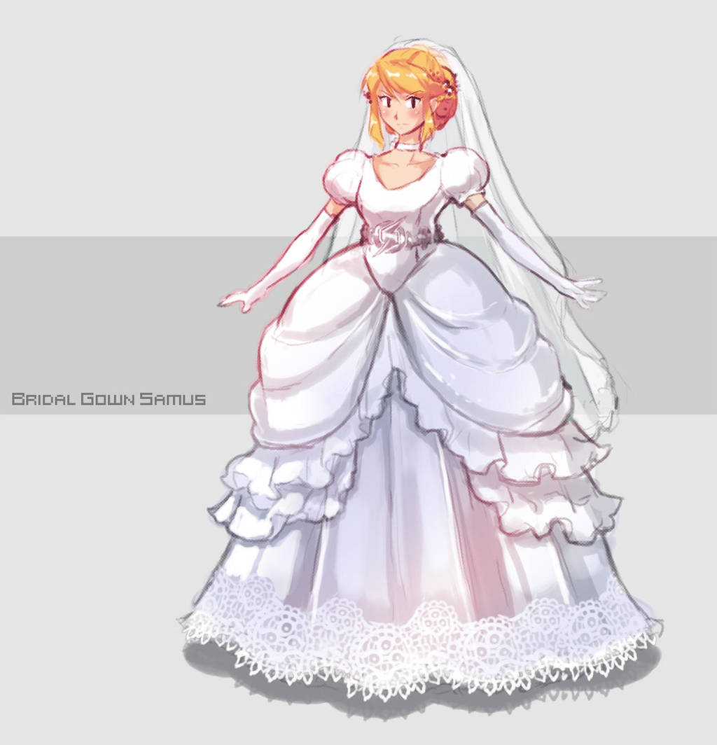 1girl, blonde_hair, blush, bridal_veil, bride, choker, dress, elbow_gloves, english, formal, gloves, gown, heartgear, looking_at_viewer, metroid, nintendo, samus_aran, solo, updo, veil, wedding_dress, white_dress, white_gloves