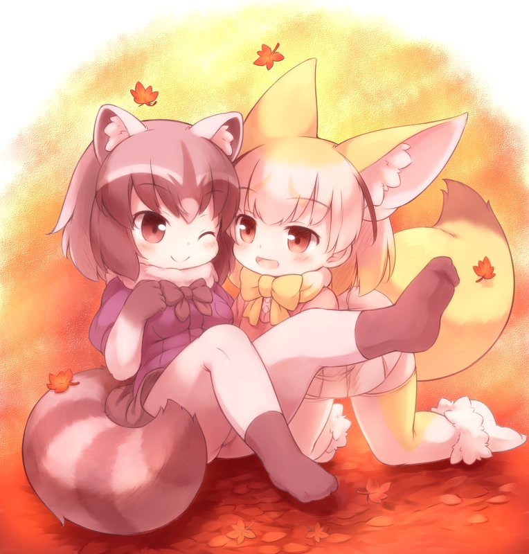 2girls, animal_ear_fluff, animal_ears, bangs, black_hair, black_neckwear, blonde_hair, blouse, blue_blouse, blush, bow, bowtie, brown_eyes, common_raccoon_(kemono_friends), extra_ears, eyebrows_visible_through_hair, fennec_(kemono_friends), fox_ears, fox_tail, fur_collar, kemono_friends, leaf, leg_up, matsuu_(akiomoi), medium_hair, multicolored_hair, multiple_girls, one_eye_closed, open_mouth, pink_sweater, pleated_skirt, raccoon_ears, raccoon_tail, shoes_removed, sitting, skirt, smile, sweater, tail, thigh-highs, white_hair, white_legwear, white_skirt, yellow_legwear, yellow_neckwear, zettai_ryouiki