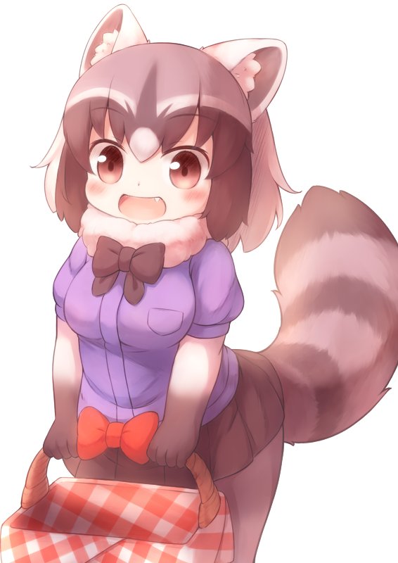 1girl, animal_ears, bangs, basket, black_gloves, black_hair, black_neckwear, black_skirt
