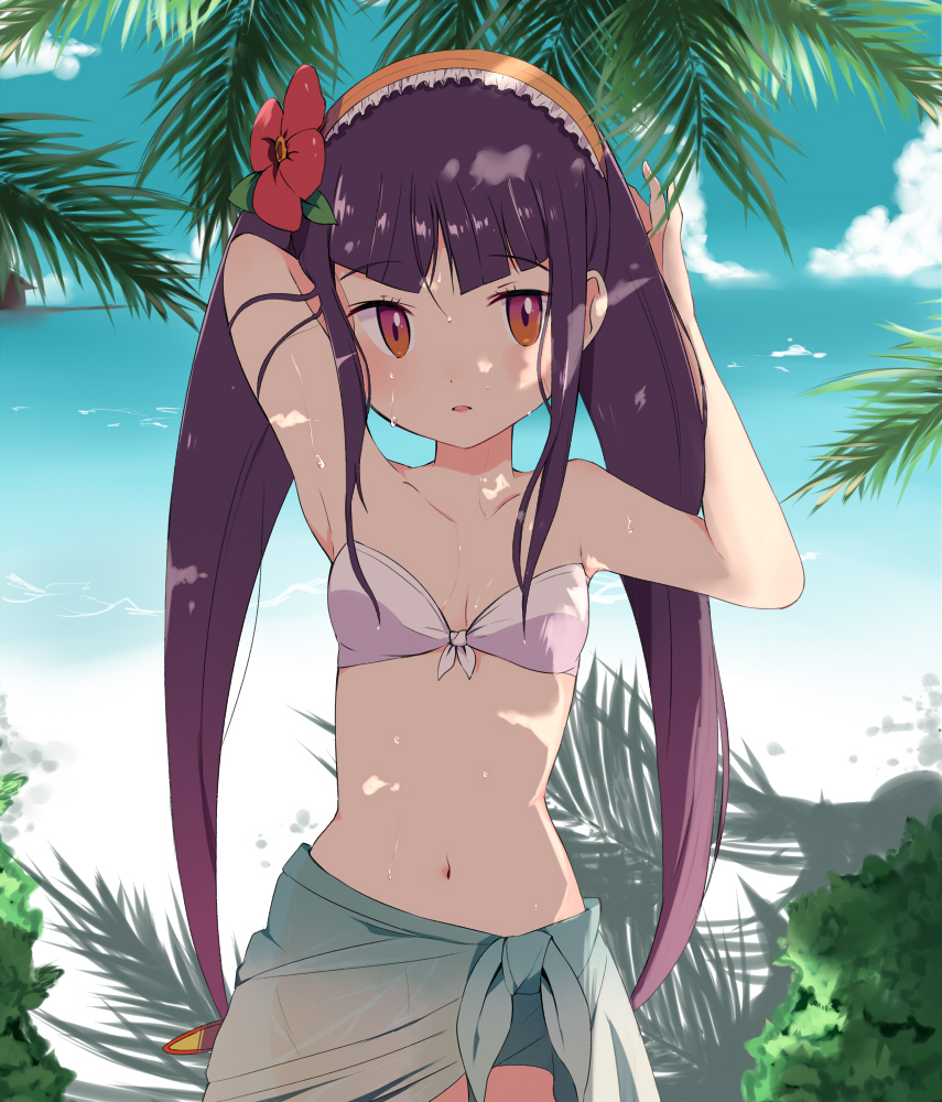 1girl, arm_behind_head, bangs, beach, bikini_top, blunt_bangs, blush, breasts, brown_eyes, clouds, collarbone, cowboy_shot, day, eyebrows_visible_through_hair, flower, hair_flower, hair_ornament, hairband, long_hair, looking_at_viewer, miyata_(lhr), navel, ocean, palm_leaf, purple_hair, queen_tia, rockman, ryuusei_no_rockman, ryuusei_no_rockman_3, sarong, sidelocks, sky, small_breasts, solo, summer, swimsuit, tree_shade, white_bikini_top