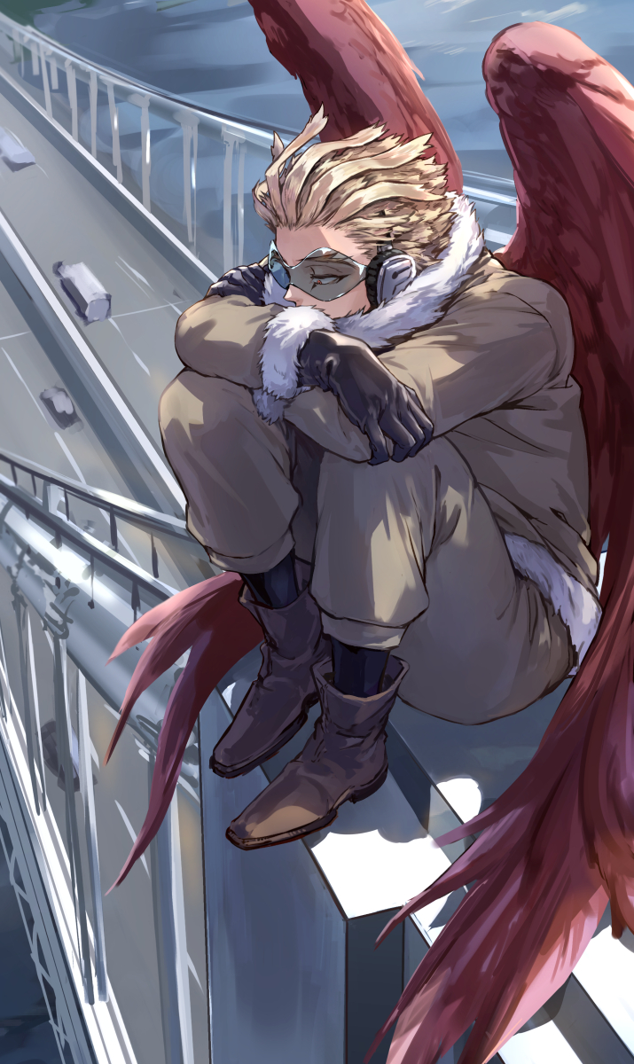 1boy, black_gloves, black_legwear, blonde_hair, boku_no_hero_academia, boots, bridge, brown_eyes
