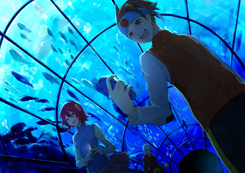 1girl, 2boys, absurdres, aquarium, aquarium_tunnel, bangs, brown_eyes, brown_hair