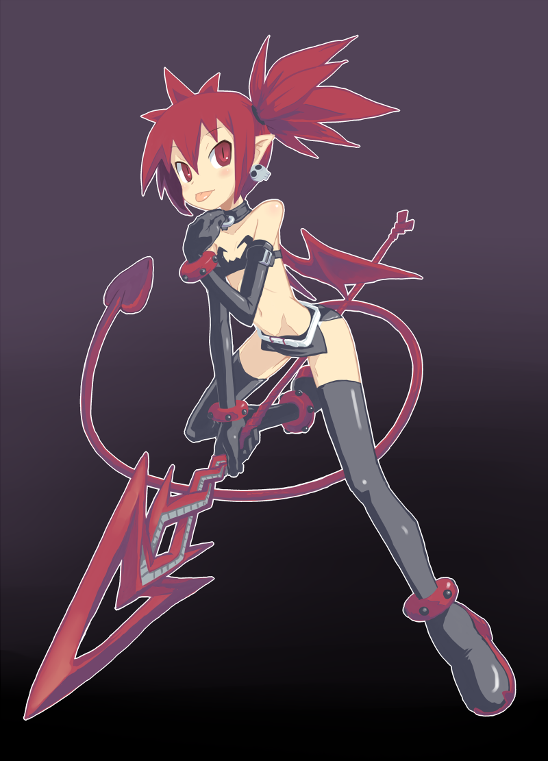 1girl, bare_shoulders, bat_wings, blush, demon_girl, demon_tail, disgaea, earrings