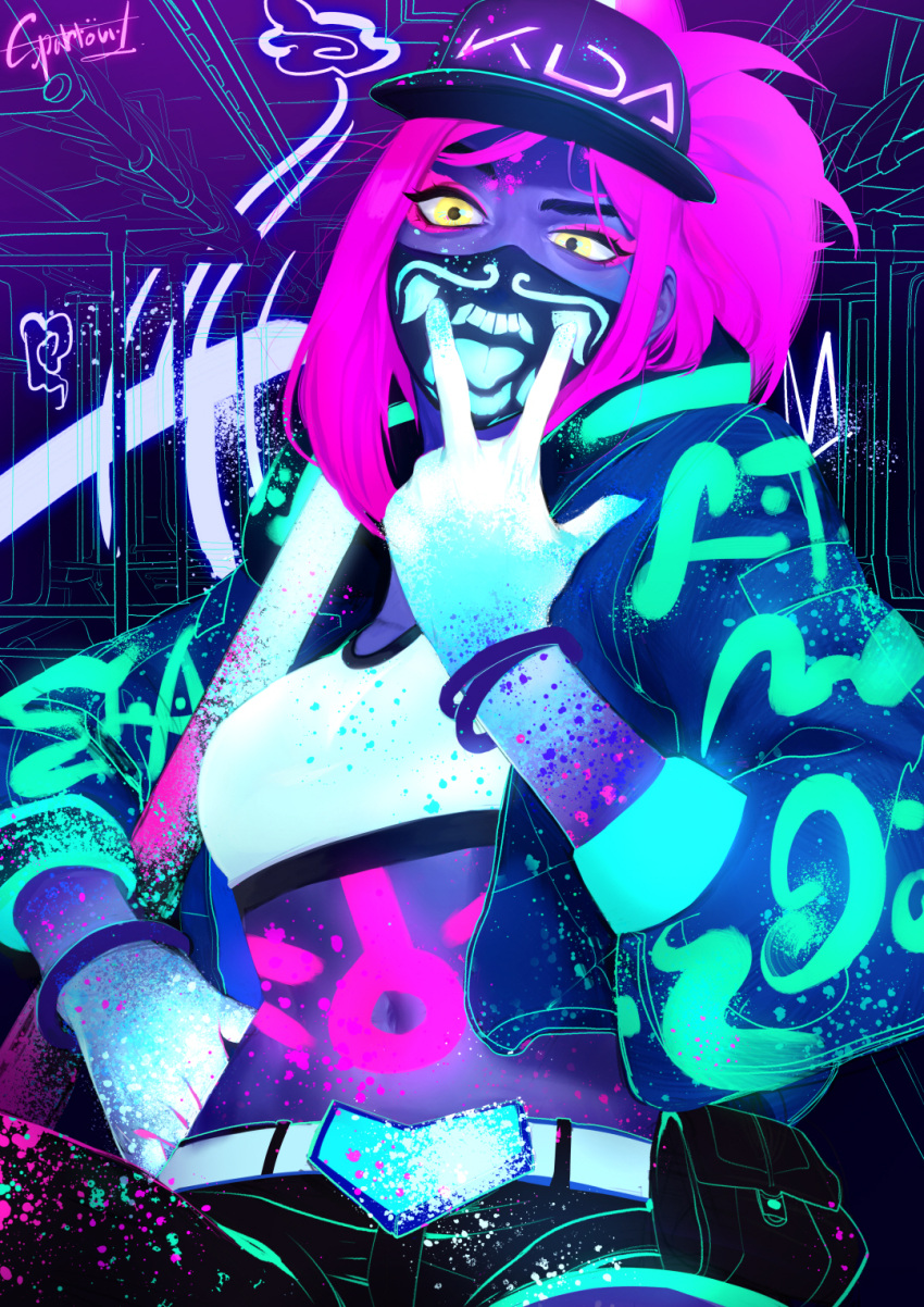 1girl, akali, asymmetrical_legwear, baseball_cap, belt, bracelet, breasts, crop_top, cunnilingus_gesture, face_mask, glowing, hat, highres, inverted_colors, jacket, jewelry, k/da_(league_of_legends), k/da_akali, league_of_legends, long_sleeves, looking_at_viewer, mask, midriff, monochrome, navel, neon, open_clothes, pants, pouch, solo, sparrowl, yellow_eyes