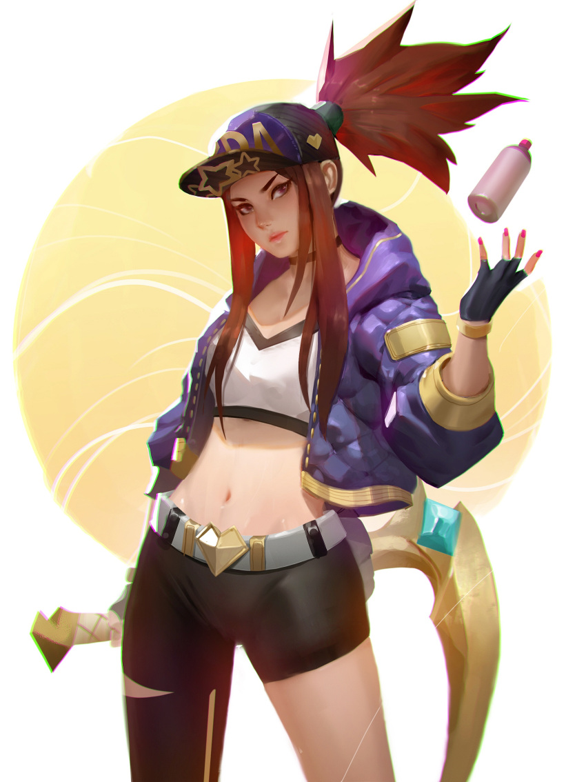 1girl, absurdres, akali, asymmetrical_clothes, baseball_cap, belt, belt_buckle, black_gloves, black_pants, breasts, brown_hair, buckle, commentary, cropped_jacket, english_commentary, fahmi_fauzi, fingerless_gloves, gloves, hat, high_ponytail, highres, holding, holding_weapon, hood, hooded_jacket, huge_weapon, jacket, k/da_(league_of_legends), k/da_akali, kama_(weapon), league_of_legends, lips, long_hair, looking_at_viewer, nail_polish, navel, nose, open_clothes, open_jacket, pants, pink_lips, pink_nails, ponytail, reverse_grip, sickle, sidelocks, single_pantsleg, sleeves_pushed_up, small_breasts, solo, sports_bra, spray_can, toned, violet_eyes, weapon
