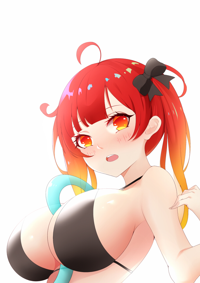 1girl, azur_lane, breasts, gradient_hair, honolulu_(azur_lane), hose_between_breasts, large_breasts, multicolored_hair, red_eyes, redhead, shito_zhizhen, swimsuit, younger