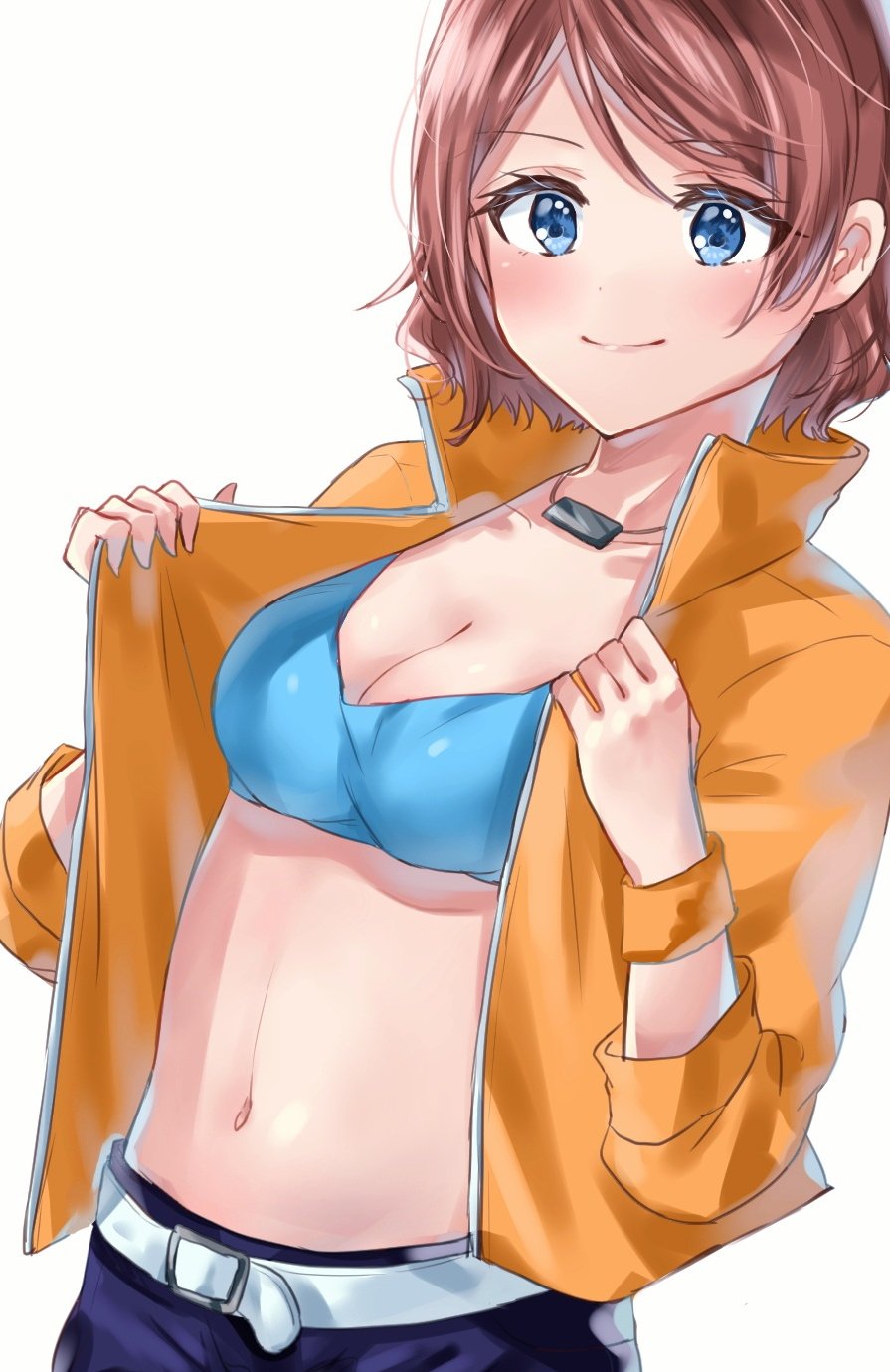 1girl, belt, blue_bra, blue_eyes, blush, bra, breasts, brown_hair
