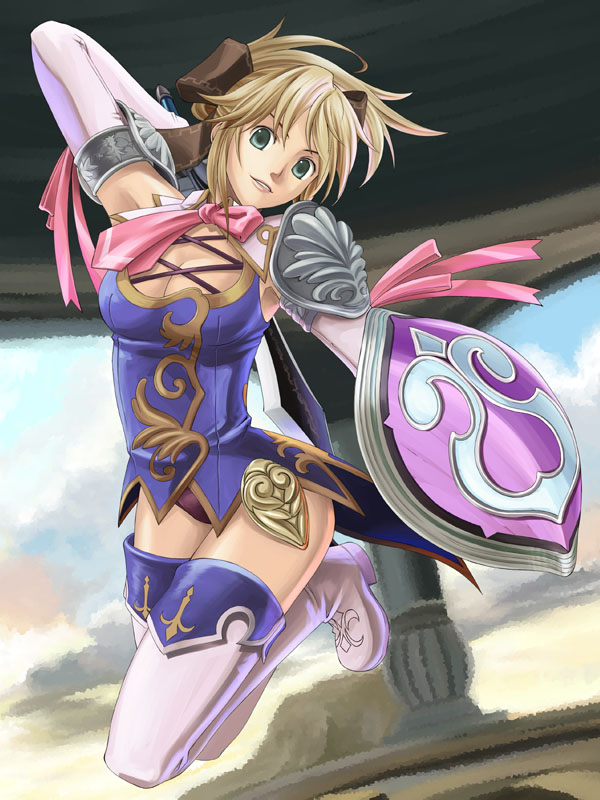 1girl, blonde_hair, boots, breasts, cassandra_alexandra, female, green_eyes, hair_ribbon