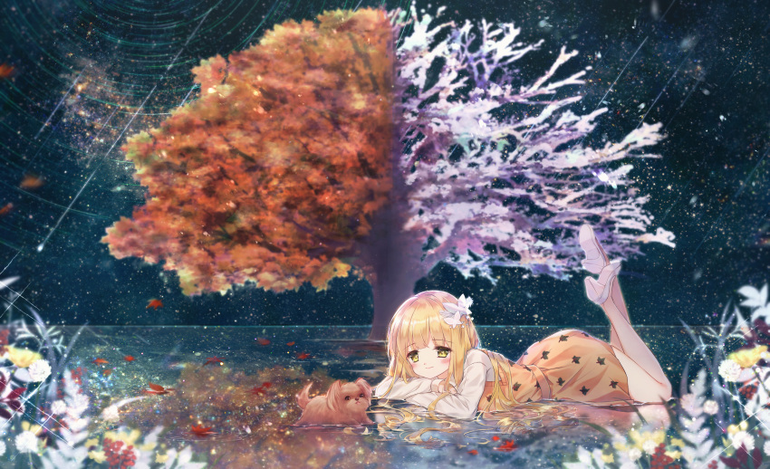1girl, absurdres, animal, autumn, autumn_leaves, blurry, blurry_foreground, blush