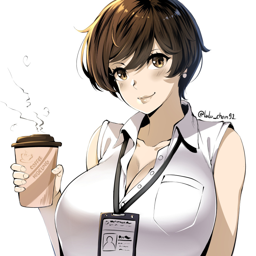 1girl, absurdres, badge, bare_shoulders, blush, breasts, brown_eyes, brown_hair