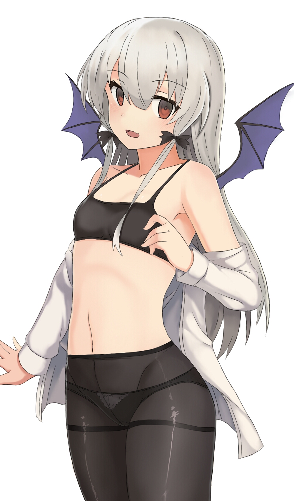 1girl, :d, bare_shoulders, bat_wings, black_bra, black_legwear, blush, bra