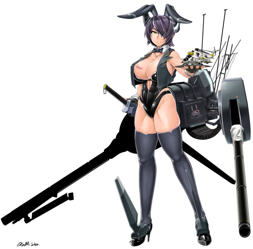 1girl, aircraft, animal_ears, artist_request, body_writing, bow, bowtie, breasts
