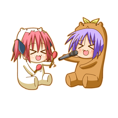 >_<, animal_costume, bear_costume, bear_tsukasa, bear_yutaka, blush, capybara-san, chibi, cosplay, hiiragi_tsukasa, instrument, karaoke, kobayakawa_yutaka, lowres, lucky_star, maracas, microphone, minami_(colorful_palette), open_mouth, rilakkuma_bear, simple_background, singing, sitting, x3
