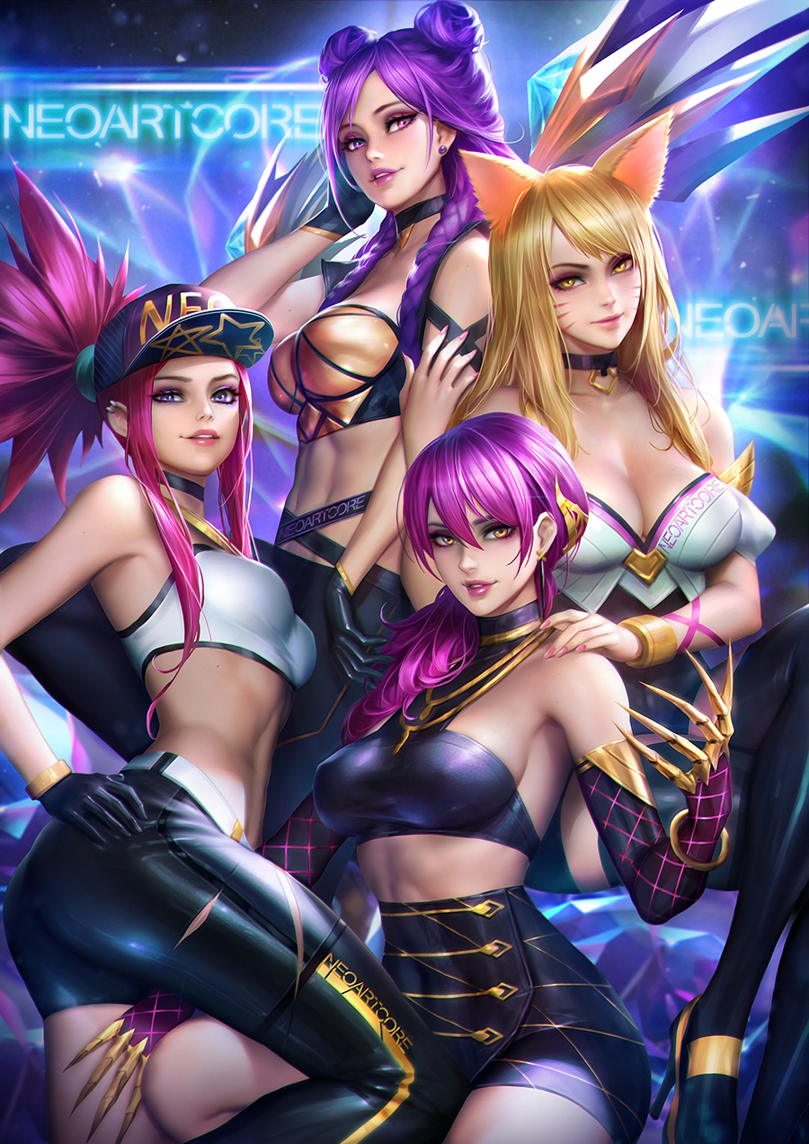 4girls, ahri, akali, animal_ears, artist_name, asymmetrical_clothes, bare_shoulders, baseball_cap