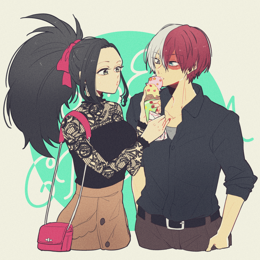 1boy, 1girl, bag, black_hair, blue_eyes, boku_no_hero_academia, burn_scar, casual