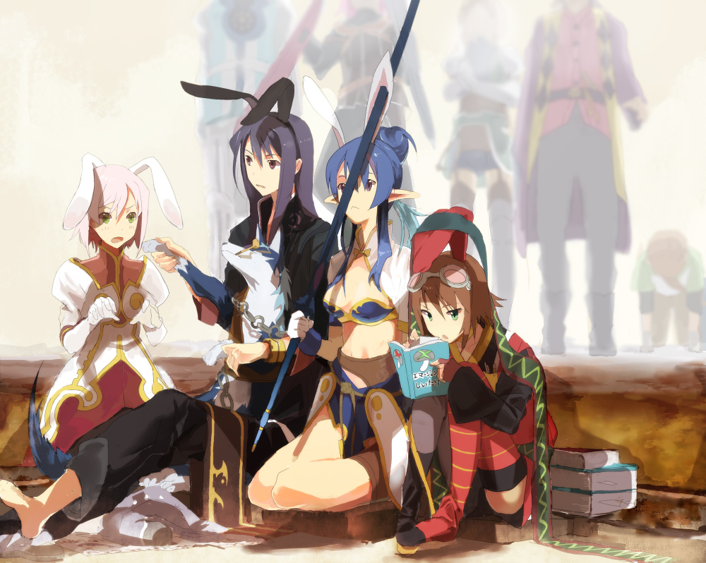 6+boys, animal_ears, bad_id, blue_hair, bob_cut, book, boots, bunny_ears, estellise_sidos_heurassein, flynn_scifo, gloves, goggles, green_eyes, judith, karol, karol_capel, kiseru, long_hair, multiple_boys, multiple_girls, orz, pink_hair, pipe, pointy_ears, rabbit_ears, raven, repede, rita_mordio, short_hair, smoking, sodia, tales_of_(series), tales_of_vesperia, tanu, thighhighs, white_gloves, yuri_lowell, zagi