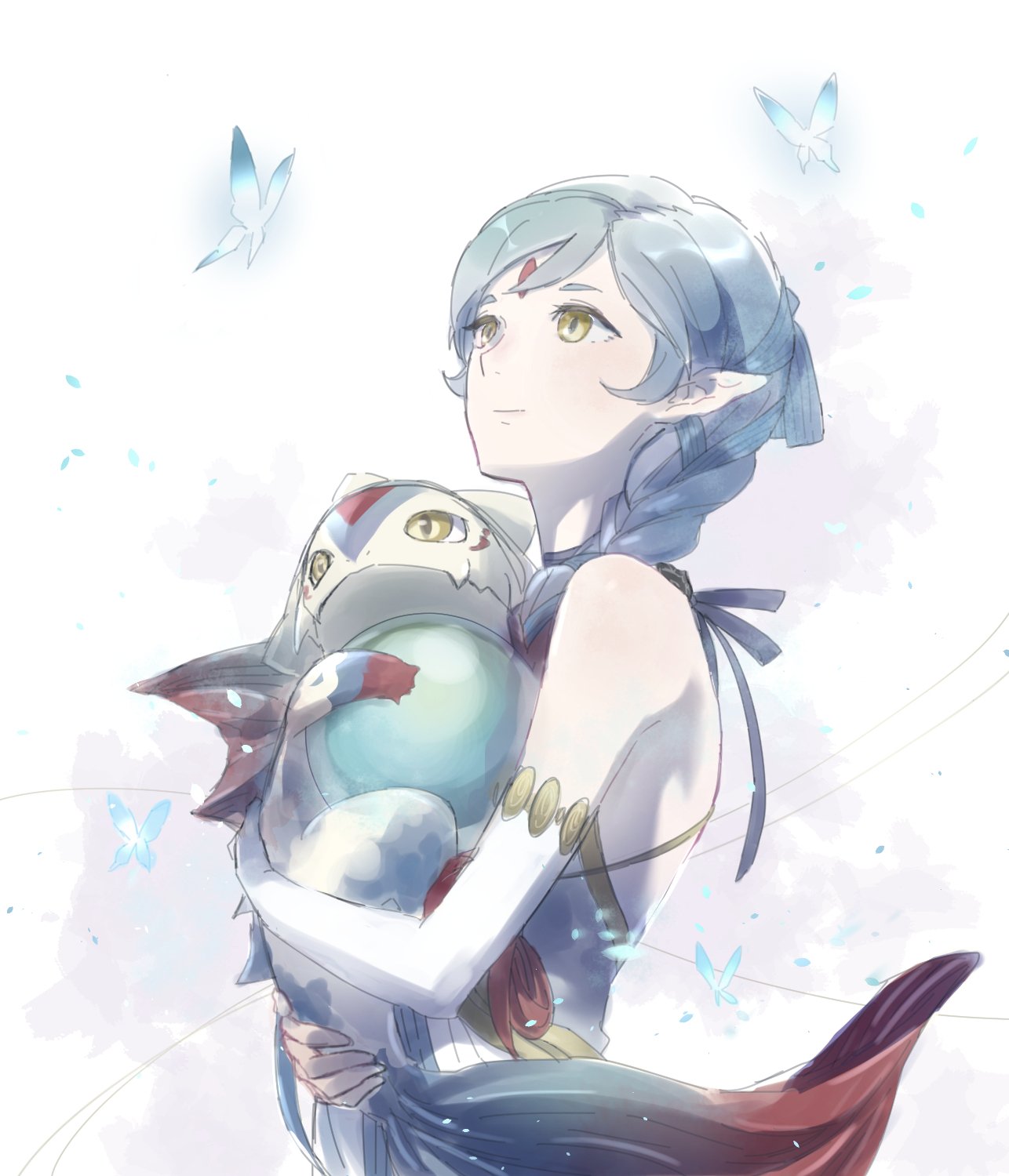 1girl, blue_hair, braid, bug, butterfly, closed_mouth, dual_persona, elbow_gloves