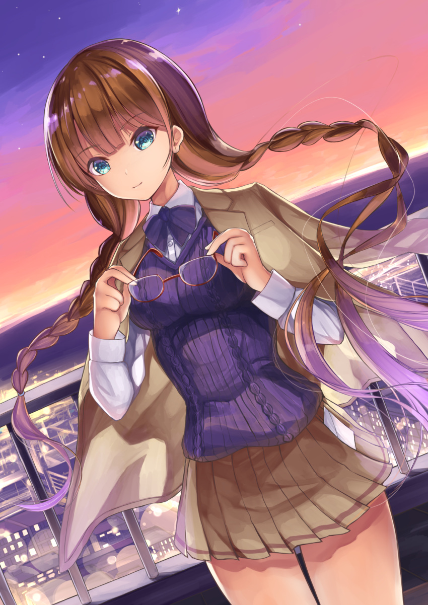 1girl, blue_eyes, bow, braid, brown_hair, brown_jacket, brown_skirt, cityscape, dutch_angle, eyewear_removed, gradient_sky, highres, jacket, jacket_on_shoulders, long_hair, long_sleeves, looking_at_viewer, original, outdoors, purple_bow, purple_sweater, railing, ribbed_sweater, sagaradai, skirt, sky, smile, solo, standing, sweater, twilight, twin_braids, twintails