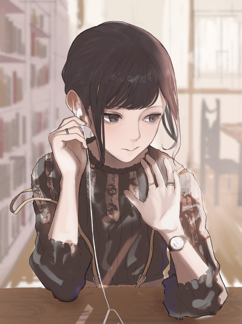 1girl, :>, absurdres, black_shirt, blurry, blurry_background, bookshelf, brown_hair, earphones, earphones, elbows_on_table, facing_viewer, grey_eyes, highres, indoors, jewelry, library, noanoa-iroha, original, ring, shirt, solo, suspenders, upper_body, watch