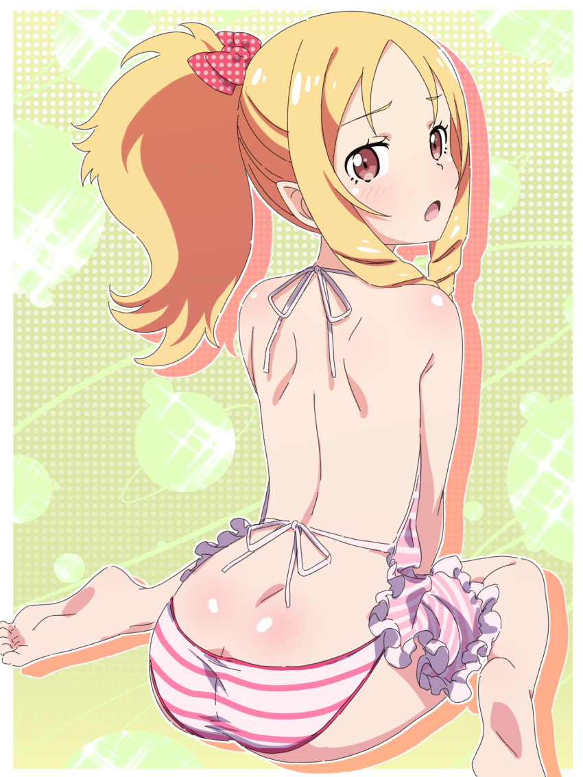 1girl, apron, ass, barefoot, between_legs, blonde_hair, bow, brown_eyes