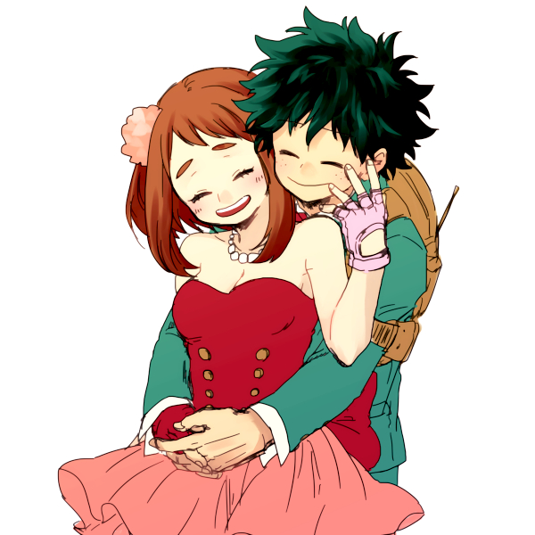 1boy, 1girl, backpack, bag, bare_shoulders, blush, boku_no_hero_academia, brown_hair