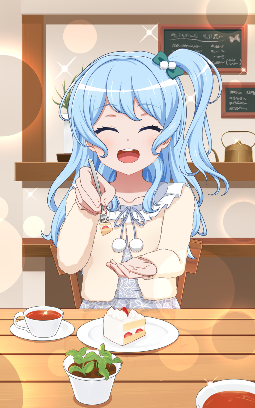 1girl, ^_^, absurdres, aqua_bow, bang_dream!, bangs, blue_hair, blush