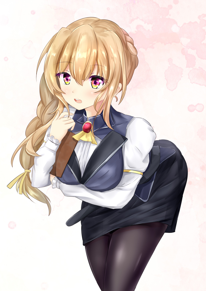 1girl, absurdres, bent_over, black_legwear, blush, braid, breasts, brown_hair