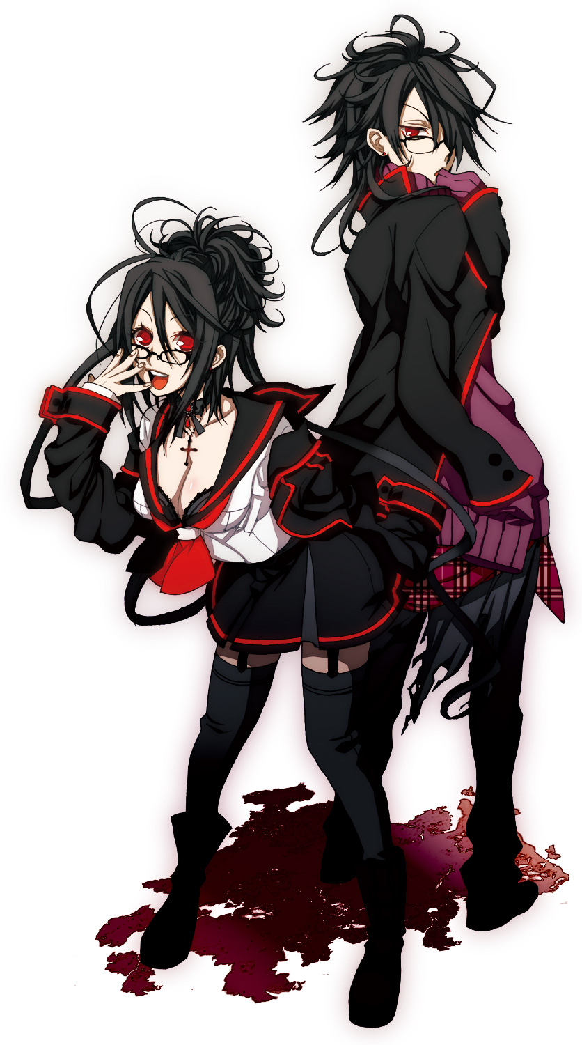 black_hair, boots, breasts, choker, cleavage, cross, glasses, highres