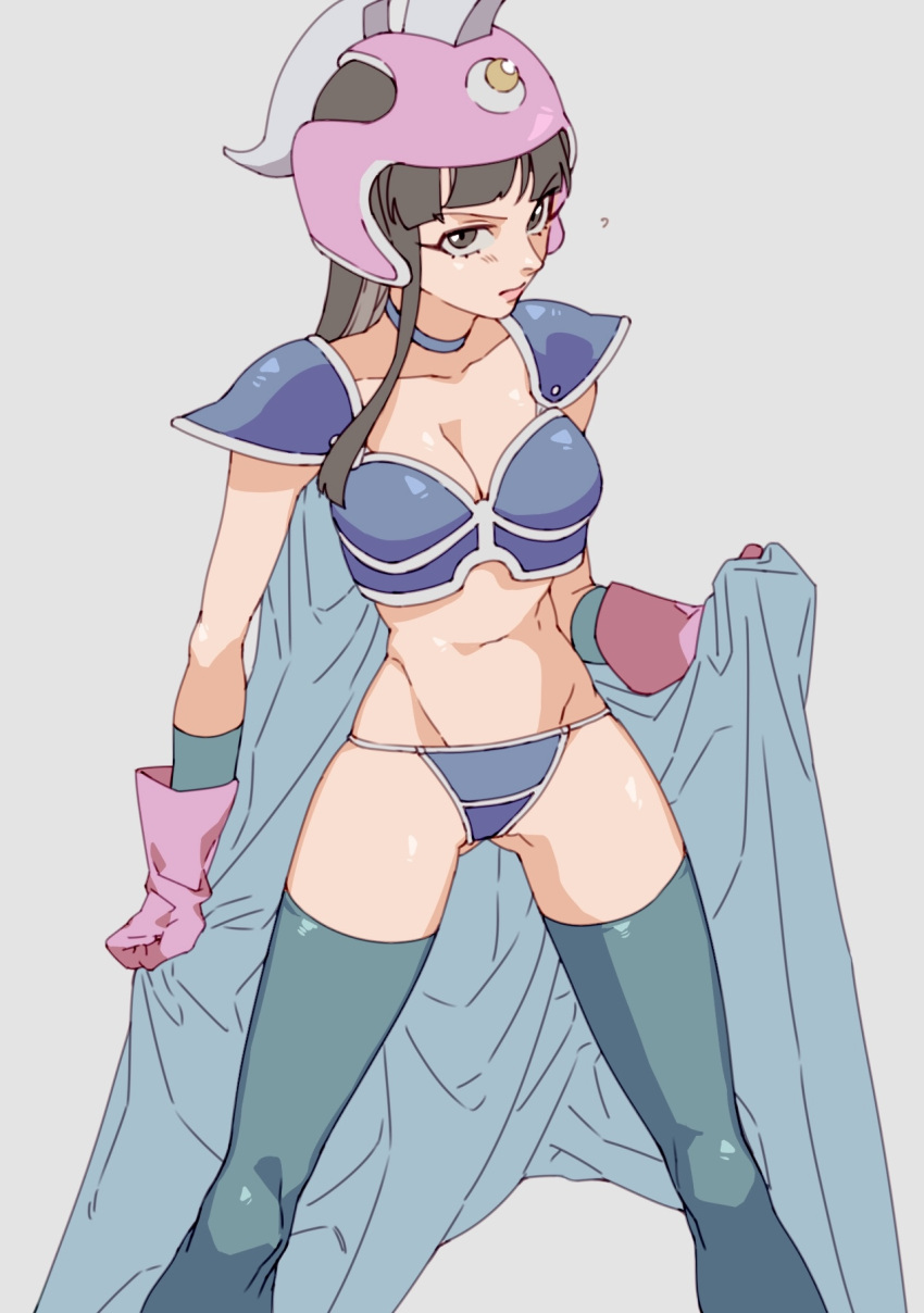 1girl, armor, ass_visible_through_thighs, bangs, bikini, bikini_armor, black_eyes, black_hair, breasts, cape, chi-chi_(dragon_ball), dragon_ball, dragon_ball_(classic), eyebrows_visible_through_hair, eyelashes, frown, gloves, gong_(mgong520), grabbing, grey_background, helmet, highres, long_hair, looking_at_viewer, pink_gloves, serious, simple_background, solo, spread_legs, standing, swimsuit, thigh-highs