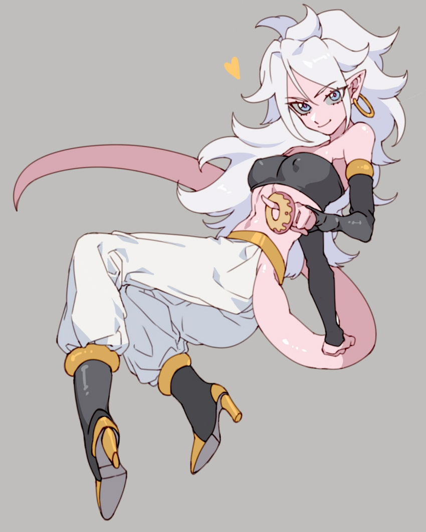 1girl, android_21, bare_shoulders, belt, black_footwear, black_tank_top, blue_eyes, covered_nipples
