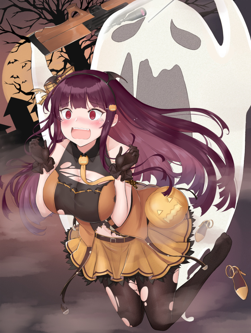 1girl, @_@, ankle_lace-up, arms_up, bare_shoulders, bare_tree, bat_wings, black_hairband
