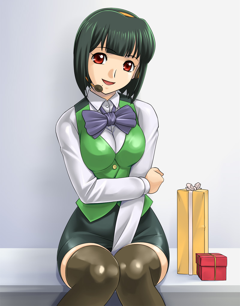 (^_^)_(pixiv198858), breast_squeeze, breasts, gift, green_hair, headset, idolmaster, miniskirt