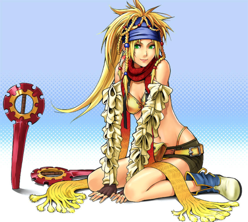 1girl, bandana, bare_shoulders, beads, belt, bikini, blonde_hair, blue_bandana, boots, braid, breasts, cleavage, closed_mouth, detached_sleeves, final_fantasy, final_fantasy_x, final_fantasy_x-2, fingerless_gloves, full_body, gloves, green_eyes, hair_beads, halftone, halftone_background, headband, long_hair, looking_at_viewer, miniskirt, p_(pixiv2073901), panties, rikku, scarf, sitting, skirt, smile, solo, swimsuit, thong, underwear, weapon, yytru