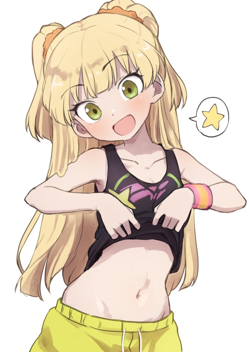 1girl, :d, bare_shoulders, blonde_hair, blush, collarbone, commentary, cowboy_shot