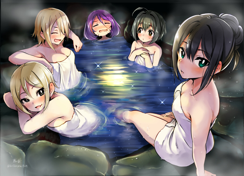 5girls, ahoge, alternate_hairstyle, bangs, black_eyes, black_hair, blush, breasts, brown_eyes, brown_hair, cleavage, closed_eyes, collarbone, commentary_request, eyebrows_visible_through_hair, green_eyes, grey_hair, hair_between_eyes, hair_bun, hair_down, hayasaka_mirei, highres, idolmaster, idolmaster_cinderella_girls, idolmaster_cinderella_girls_starlight_stage, kimura_natsuki, kirikirimai_(kkm), kohinata_miho, light_brown_hair, long_hair, looking_at_viewer, looking_to_the_side, medium_breasts, moon, moon_reflection, multicolored_hair, multiple_girls, naked_towel, night, onsen, open_mouth, outdoors, parted_bangs, partially_submerged, purple_hair, reflection, shibuya_rin, shiomi_shuuko, short_hair, signature, sitting, smile, soaking_feet, sparkle, steam, streaked_hair, towel, twitter_username, two-tone_hair, water, wavy_mouth, wet