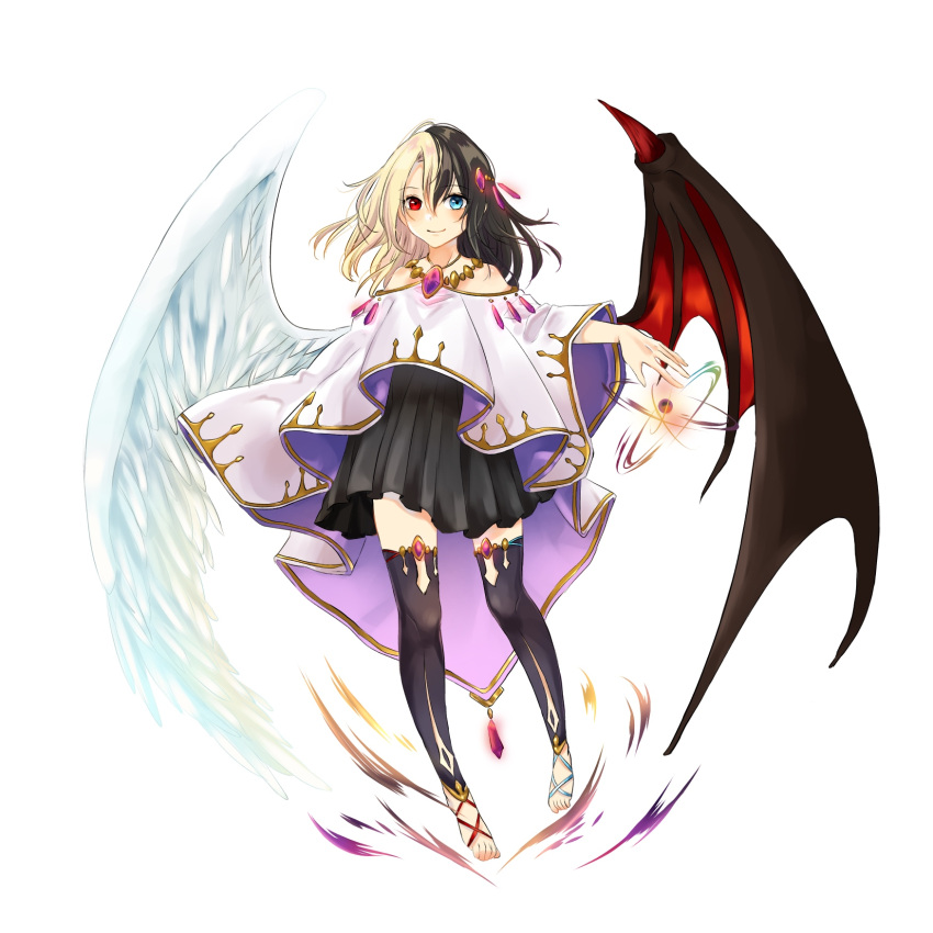 1girl, angel_and_devil, angel_wings, bare_shoulders, black_hair, blonde_hair, blue_eyes, demon_wings