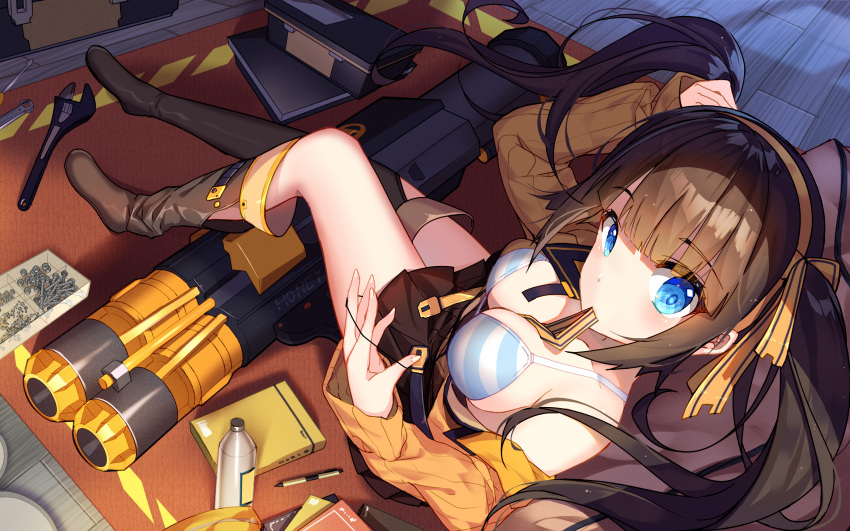 1girl, absurdres, adjustable_wrench, asymmetrical_footwear, bangs, bare_shoulders, belt, between_breasts