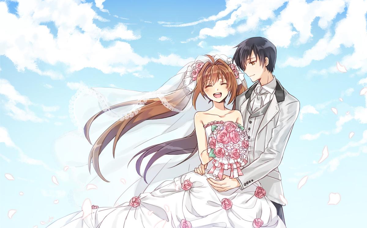 1boy, 1girl, ahoge, alternate_costume, bare_shoulders, black_hair, blush, bouquet