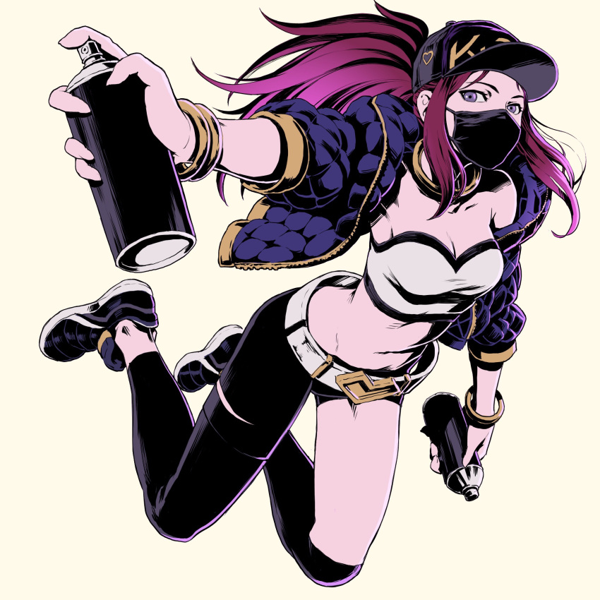 1girl, akali, asymmetrical_legwear, baseball_cap, belt, black_pants, bracelet, breasts