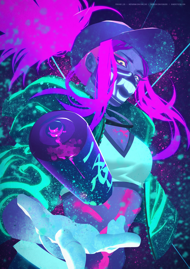 1girl, akali, baseball_cap, face_mask, hat, inverted_colors, j_315_(jean), k/da_(league_of_legends), league_of_legends, mask, neon, ponytail, solo, spay_can