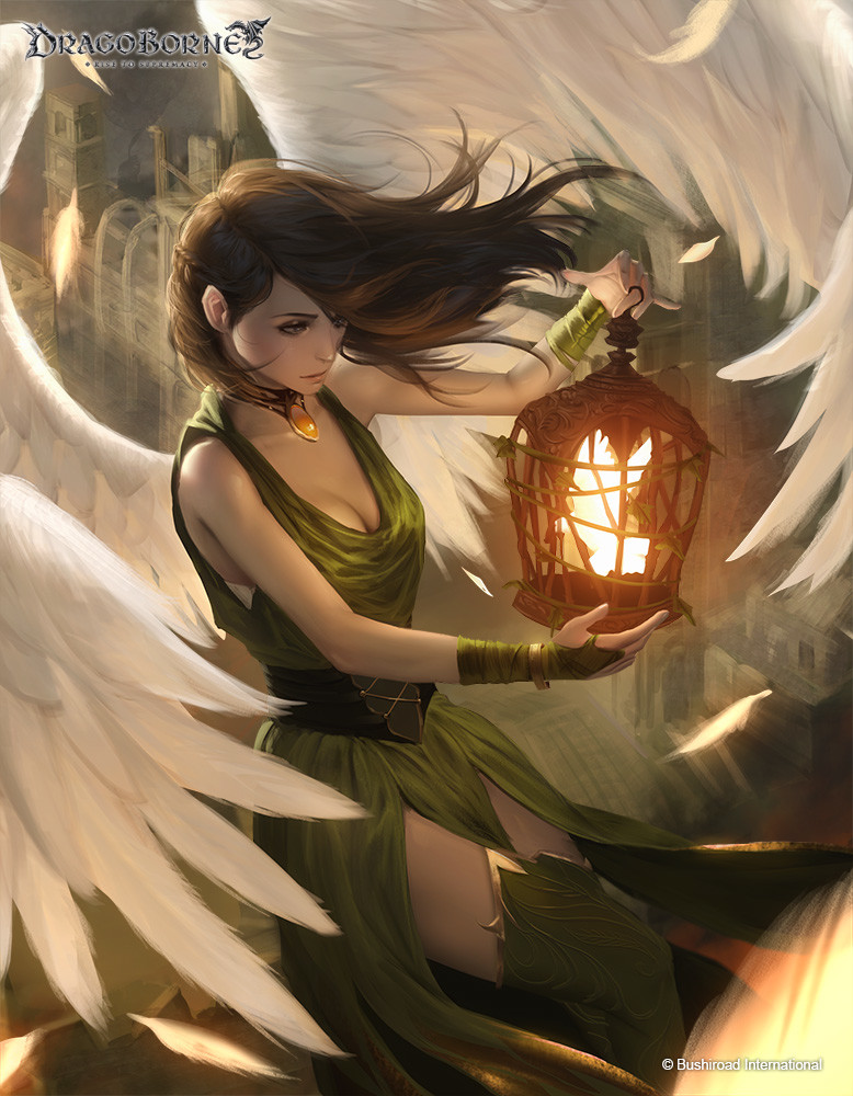 1girl, angel_wings, bird, bracelet, breasts, brown_eyes, brown_hair, building, cage, choker, cleavage, closed_mouth, copyright_name, dragoborne, dress, green_dress, green_legwear, holding, jewelry, large_breasts, long_hair, profile, raikoart, solo, thigh-highs, watermark, wind, wings