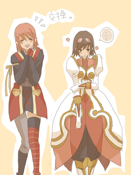 bob_cut, cosplay, costume_switch, estellise_sidos_heurassein, estellise_sidos_heurassein_(cosplay), goggles, multiple_girls, pink_hair, rita_mordio, rita_mordio_(cosplay), short_hair, tales_of_(series), tales_of_vesperia, thighhighs