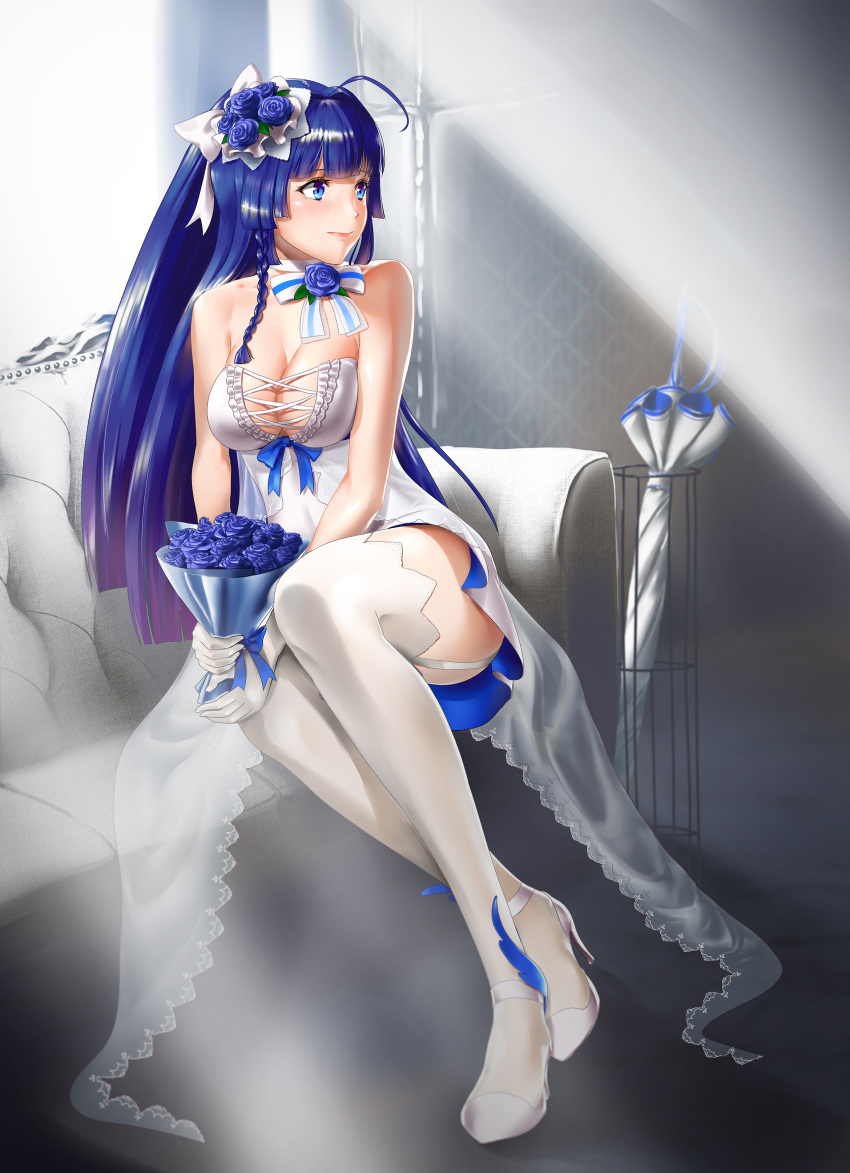 1girl, absurdres, ahoge, bangs, bare_shoulders, benghuai_xueyuan, blue_eyes, blue_flower